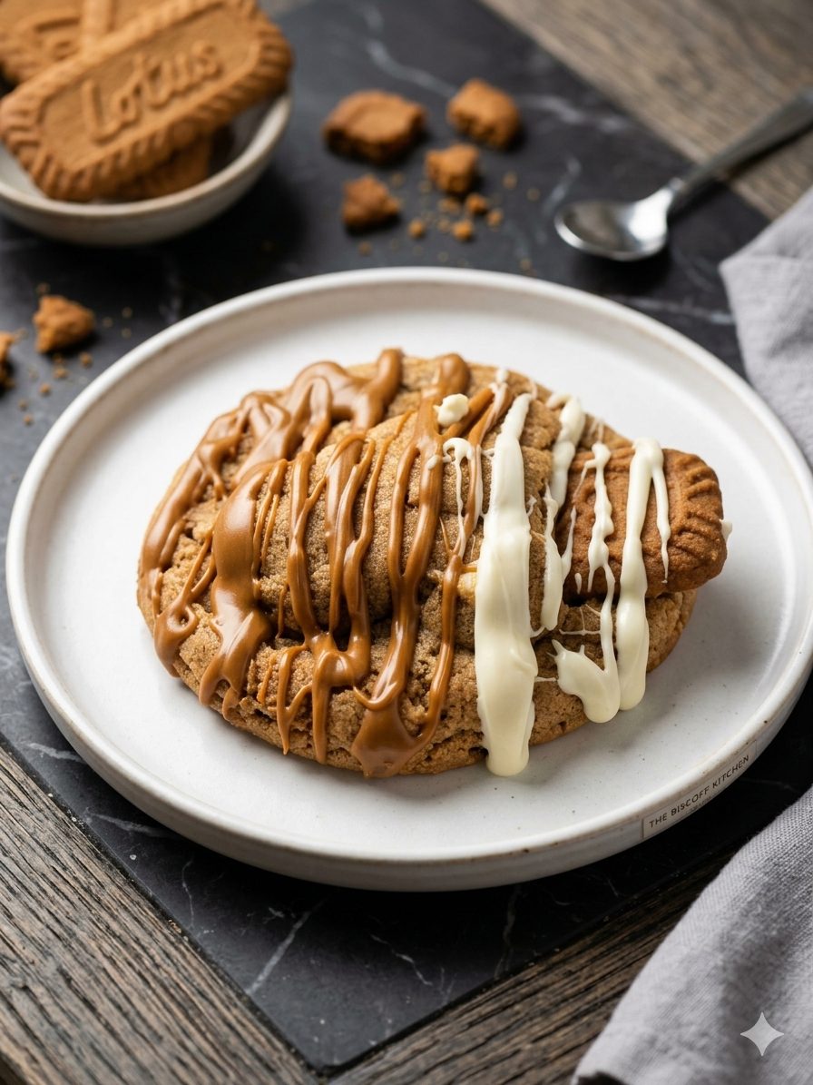 A Biscoff cookie drizzled with cookie butter and white chocolate