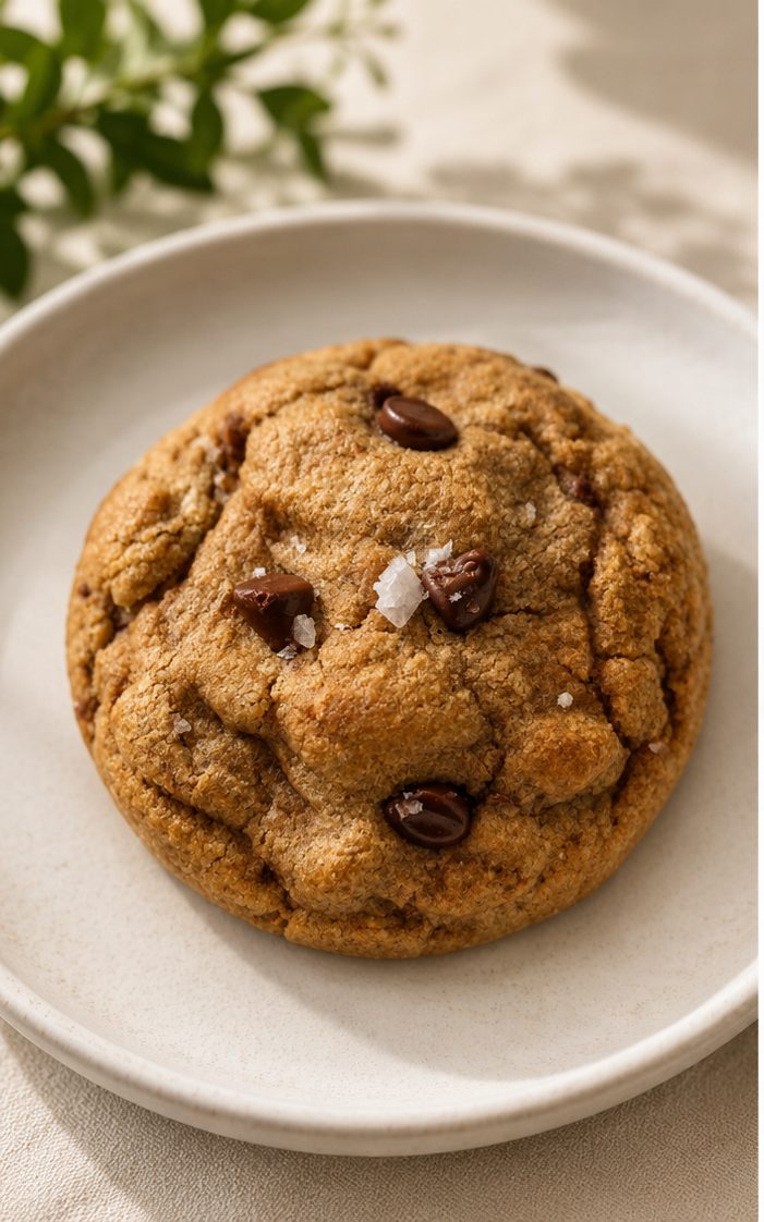A golden brown butter chocolate chip cookie with melty chocolate and flaky sea salt